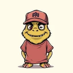cartoon monster wearing a ballcap and T-shirt on solid color background