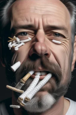 un homme avec 300 cigarettes dans la bouche.