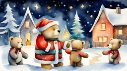 merry little teddy bear Santa Claus giving presents to (multiple: 1.8) teddy bear cubs in a snowy winter town in the night, 1963, watercolor, (style of Gabriel Pacheco:1.3), semi-side view, magic winter vibe