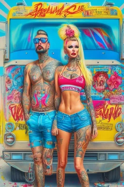 Consumerist Trailer Park God And Goddess Covered In Brand Tattoos With Giant Logos All Over Their Clothes; Pop Art Renaissance Trailer Trash Painting; Insanely Detailed; award-winning portfolio piece, provocative, psychedelic, Magnificent.