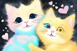 extreme cuteness, closeup, flowercut, shiny metallic pastel watercolor, black light art, golden glitter outlines, double exposure, merged layers, heart and love, A cute chibi mohair 3D happy cat mother watching her child take their first steps toward independence, pride and worry mixing in their eyes, S<AI in sunshine, ethereal, cinematic postprocessing, black background