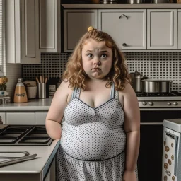 12 years old plus size girl, in the kitchen,swimsuit