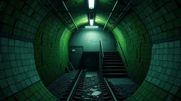 GAME CONCEPT ART .two poin perspective.Station platform and stairs from side .photograph inside of hole .very big ambient.gient station.Inside the old subway tracks, . Low light and closed green moss walls. Like the original design of the game space ,digital art.landscape,far camera old painting,2 Chen and George Hopper, Rembrandt lighting, a dark green color scheme, . --ar 13:16 --v 6. 0 metro game