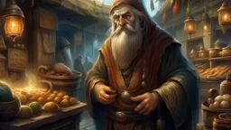 Fantasy digital illustration: strange-looking old merchant, from the 17th century on the path toward a market