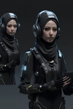 a cyber punk hyper female hijaber indonesia robot, headphone, full body Raw, full weapon, 8k, Soldier loreng indonesia, modern, high tech