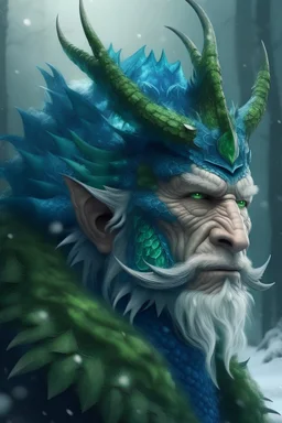 Portrait of Man - Dragon King, wearing a huge green -blue dragon head crown, decorated with shining crystals, in mystery snowy forest, ultra realistic