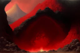 A red volcano with an underground cavern covered in lava painted by Birge Harrison