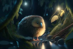 cute kiwi with thick fur in moonlit forest by stream, book illustration, fine detail, 4k, trending, volumetric light, depth of field