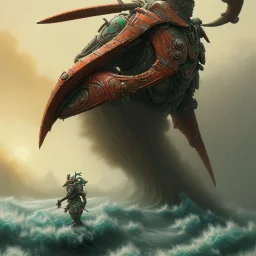 an ibis warrior in orange and green full battle armor, a highly detailed illustration, background of giant crashing ocean waves, realistic render, 8 k, micro detail, intricate, elegant, centered, digital painting, Artstation, smooth, sharp focus, illustration, artgerm, tomasz alen kopera, peter mohrbacher, donato giancola, joseph christian leyendecker, wlop, boris vallejo