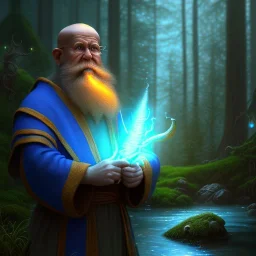 medium close up of blue robed water monk with long beard, megalith, candle light, torches, Dark fantasy concept art, dynamic lighting, Intricately detailed, Splash screen art, deep color, Unreal Engine, volumetric lighting, blue flowers, moss, leather, creek, flowing water, fantasy dark forest artwork,back light