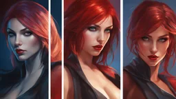 female sorcerer. a playboy model. Dressed in blood red small wicked weasel . Copper red hair. Perfect dark blue eyes. no jewelry. seductive. Hyperrealistic, splash art, concept art, mid shot, intricately detailed, color depth, dramatic, 2/3 face angle, side light, colorful background. the naked truth.