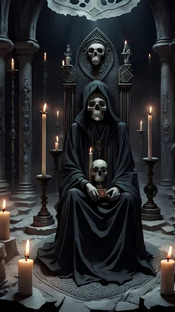 In the center of the gloomy sanctuary, on an eerie stone throne, sits a figure in a black torn robe in an eerie skull mask; around the figure there is an altar with tarot cards, candles, magical paraphernalia, an atmosphere of mystery
