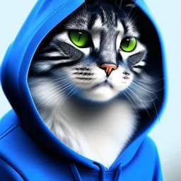 sad cat wearing a blue hoodie, studioportrait, dramatic lighting