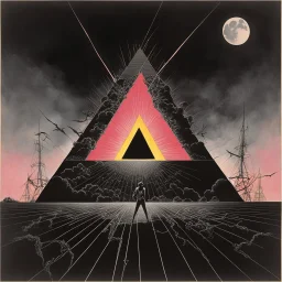 Iconic Pink Floyd's "dark Side of the Moon" album cover but instead its made for text "Back in Black" by text "AC/DC", George hardie and gerald Scarfe, sinister, macabre heavy metal style elements, spooky colors.