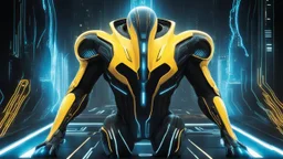 tron legacy movie, creatures programs from grid, space ships, city of the future, yellow, blue, red