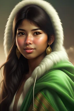 Digital art, high quality, digital masterpiece, natural illumination, realistic, action film style, (1 young peruvian girl:3), (dark brown hair:1.8), tan skin, (sexy green eyes:1.8), (llama ears on head:2.3), fluffy llama ears, (tall:1.8), (White peruvian poncho:1.8), Peruvian patterns, a mountain at background, Divine shine, sunny day, (Sun in the sky:2)