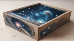 a box 10 cm long by 5 cm wide and 25 cm high, drawn on a box on all sides, space, aliens, tress and more beautiful, very realistic