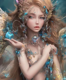 corps de femme de profil, féerique harmonieux et fine, jolie bouche, grand cheveux blond, collier avec des perles de cristal, très grande ailes, lac bleu turquoise,