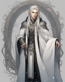 a young high elf frost Wizard with long wiry hair, wearing a black trimmed white nobleman's robe and frost ornaments on clothes
