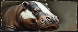 airbrush and pen outline, close up on hippo badger , pinhole cam, airbrush 3d rendering, in the style of Titian and Rembrandt , torn edges on border