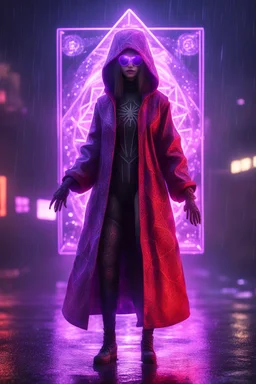 Lense flare,pencil outline,Volumetric fog spider lights,paradise sacred geometry framed playing card, black, red, spore and purple neon cyber punk dancer priestess teurgist in soaked rain coat shadows boss card in the style of escher and fallout 4 ,,bokeh like f/0.8, tilt-shift lens 8k, high detail, smooth render, down-light, unreal engine