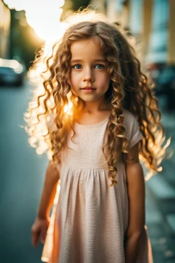 little girl, beautiful face , long curly hair, that is standing on a sidewalk, , trending on unsplash, viennese actionism, anamorphic lens flare, dynamic pose, shallow depth of field, dreamlike, nature-inspired, romantic, whimsical, fantasy art,