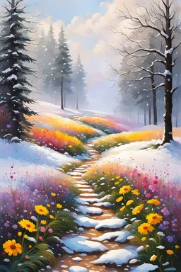 a field filled with lots of flowers next to a forest, footsteps in the snow, beautiful mastter painting, splashes of colors, path, very attractive and beautiful, heavy mist, ( land ), pathway, color splashes, beautiful view, soft edges, stunning screensaver.