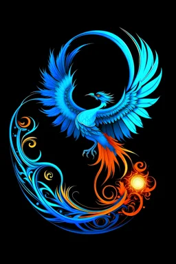 blue flaming phoenix and crescent moon
