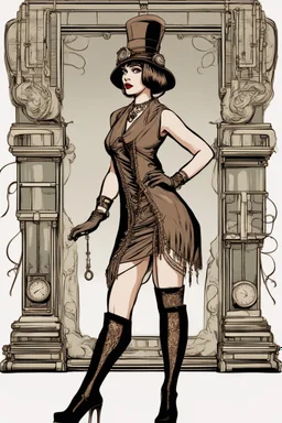 Full Body, burlesque Woman looking to the right, With A Bob With A Fringe Hairstyle, flapper Clothing, Steampunk