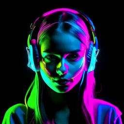 front face, girl, headphones, neon, mouth mask,