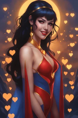 3D Bubbles, 3D Hearts, fog, clouds, somber, ghostly mountain peaks, a flowing river of electric water, fireflies, a close-up, facial portrait of a totally gorgeous Vampirella, with Long Black hair, cobalt blue eyes, smiling a big bright happy smile, wearing a red sling suit with a gold/yellow bat emblem on the lower stomach area, and black boots, in the art style of Frank Frazetta the funeral of the dead