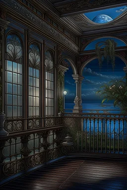 the balcony of the palace, moonlight, beautiful flowers, the surface of the water under the balcony like a mirror, mega-detailed drawing of small fine details, photorealistic drawing with colored pencil + pastel, ink, bright, botanical, fantasy, medieval atmosphere, cinematic, Art Nouveau, the camera is aimed at the object