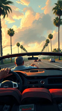 Bosch painting style nightmare in 3D , a man driving a Mustang Gt Convertible on LA free way background, high Quality picture , 8k