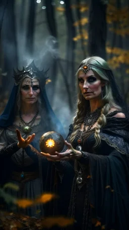 close up portrait of merciless medieval countess and her creepy sister in big eyed trance, metal gauntlets holding fire ball portal, full moon, swirly mist,autumn wind, performing arcane invocation ritual of smoke demon with immense power on luminous stone altar in dark forest grove, shot on Hasselblad h6d-400c, zeiss prime lens, bokeh like f/0.8, tilt-shift lens 8k, high detail, smooth render, down-light, unreal engine, prize winning