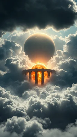 Portrait of Hercules above swirling clouds, emerges from the heart of a raging storm. Turbulent winds of steam swirl around the iconic structure, lit by shafts of sunlight that cast dramatic shadows on the A ball of fire by over the clouds, another high planet waiting to collapse with the fire , High quality 16k cinematic scene and great photography