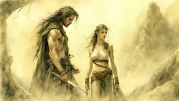 Hyper-photorealistic watercolor art style by Luis Royo, A dark cave lit only by oil lamps, a stone altar, animal skins, a young man and a girl, hyperdetailed face, full body diagonal shot, encounters male bandits in dark fantasy countryside setting, absence of mysterious elements, dramatic lighting, ultrafine detail, octane rendering., darkness world