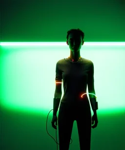 Ultra realistic photographic night portrait, cinematic, <irish woman> <hanging wires> <retro monitor> many wires coming out of the head <perfect pupil> <cyborg arm> <garage> <wide angle Shot> <sci-fi futuristic> <thriller>, led lights, color fog, soft color, highly detailed, unreal engine 5, ray tracing, RTX, lumen lighting, ultra detail, volumetric lighting, high definition.