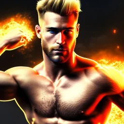 Ignore NSFW, teenager young rugged attractive slightly muscular fantasticly handsome blonde man, red briefs with yellow belt, hairy chest, (((visibly pisssing))) briefs, large erect visible boner peniss, photorealistic, artist Jay Anacleto, soft lighting, scruffy beard