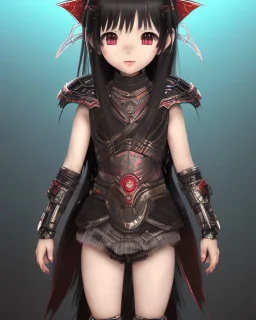 Detailed anime child girl, dark brown hair, black and red dragon scale armour, intricate details, full body portrait, keep head in frame, slight smile, black Japanese motif, concept art, highly detailed, digital painting, concept art, sharp focus, illustration, art by Yoji Shinkawa, WLOP and greg rutkowski and alphonse mucha and artgerm and yanjun Chen and Junji ito and Makoto Shinkai, HDR, octane render