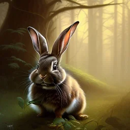 frank frazetta style, cute rabbit in the forest clearing