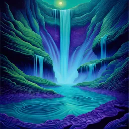 Three mesmerizing upside-down waterfalls cascade gracefully in a surreal alien realm. The water flows upward, defying gravity in a stunning display of otherworldly beauty. This detailed painting captures the vivid hues of emerald and turquoise water against a backdrop of shimmering violet rocks. Each waterfall is intricately depicted, with intricate patterns and textures that draw the viewer in. The overall effect is a masterpiece that seamlessly combines fantasy and reality in a way that is tru