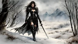 Hyper-photorealistic watercolor art style by Luis Royo , a warrior woman in black armor on the background of a cold snow-covered country, ice and crystal, frost and snow, hyperdetailed face, full body diagonal shot, encounters male bandits in dark fantasy countryside setting, absence of mysterious elements, dramatic lighting, ultrafine detail, octane rendering., by