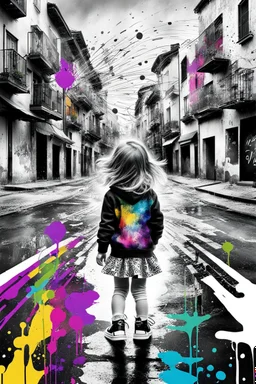 Mixed media picture, the background is black and white line art cityscape. In the middle a colorful photo of a little girl playing in the street, the girl is wearing colorful clothes, her hair is black. enhancing the contrast between her and the black and white cityscape, splash art