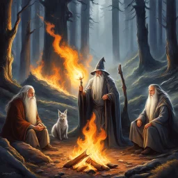 The flickering flames of the campfire danced, casting an ethereal glow upon the faces of the three wizards. Radagast, with his unkempt hair and a menagerie of animals, shared a hearty chuckle with Saruman, the wise and cunning Istari. And there, in the midst of it all, stood Gandalf, the Grey, a twinkle in his eyes as he joined in the mirth. Their laughter echoed through the night, a rare moment of camaraderie amidst the chaos of their journeys. For in their shared purpose to protect Middle-eart