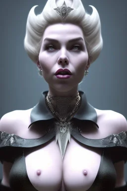 Hannah Waddingham as evil queen in black leather, busty, cleavage, dominatrix, curvy, angry, stern look. character design by cory loftis, fenghua zhong, ryohei hase, ismail inceoglu and ruan jia. unreal engine 5, artistic lighting, highly detailed, photorealistic, fantasy