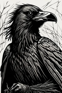 create a deeply powerful evocative, full body woodcut of an angry cursed raven woman with finely detailed and deeply cut facial features, in the style of KATHE KOLLWITZ , searing lines and forceful strokes, hyper detailed and precisely cut