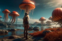 woman standing on the shores of an alien world, with mushrooms with jellyfish tentacles, floating in the air, photorealistic, Detailed Matte Painting, Deep Colour, Fantastical, Intricate Detail, sunshine