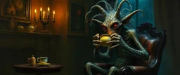 master oil painting by Rembrandt, good afternoon gremlin hairy wraith Fathomlurker drinking tea in parlor "An abyssal creature with translucent skin revealing writhing organs, many spindly legs and elongated fingers, eyes like lanterns scattered across its body, tentacles that ripple silently, lurking in black depths, almost invisible, emitting an eerie blue glow."
