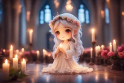 cute chibi fairy praying in a beautiful church, flowers, in candlelight, ethereal, cinematic postprocessing, dof, bokeh