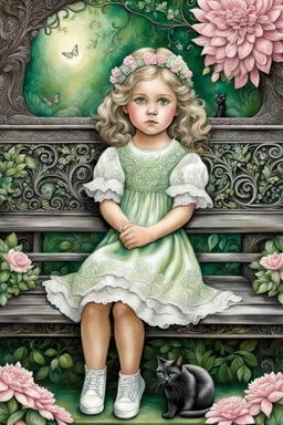 Mixed Media Dry Brush shimmering tones, 3D, highly textured, little girl with pretty green eyes, sitting on an ornate bench with her black cat in the park, flowers, shades of Sage green, white, and pink, beautifully embossed